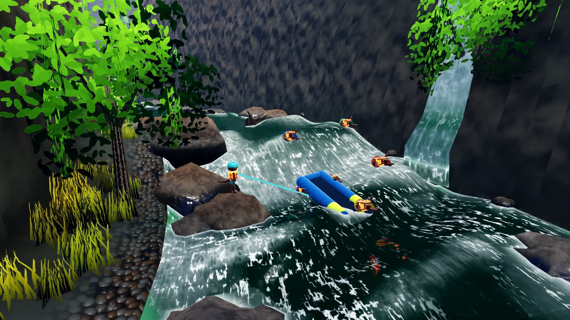 A raft dropping into green water below a waterfall while a swimmer takes a throw rope