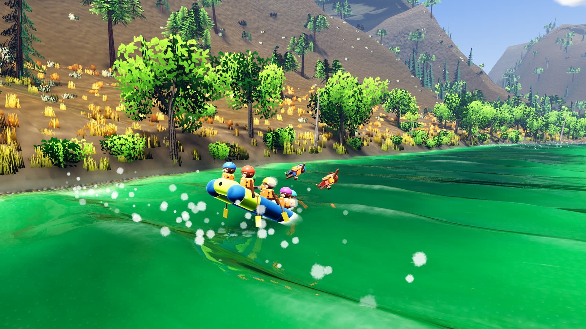 A raft crossing a sunlit reach with two swimmers alongside