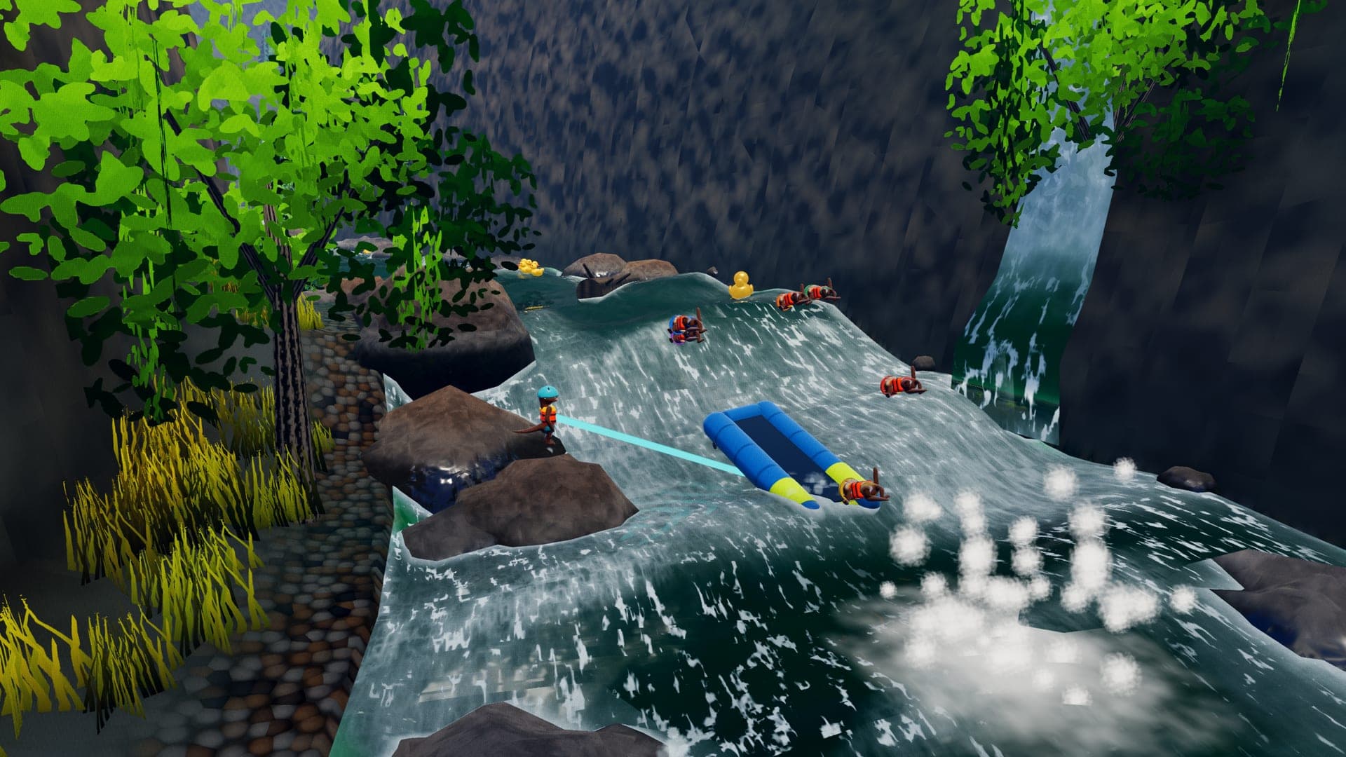 A flipped raft in the pour below a ledge, its crew in the water around it and one otter on a rock holding a rope out to the boat