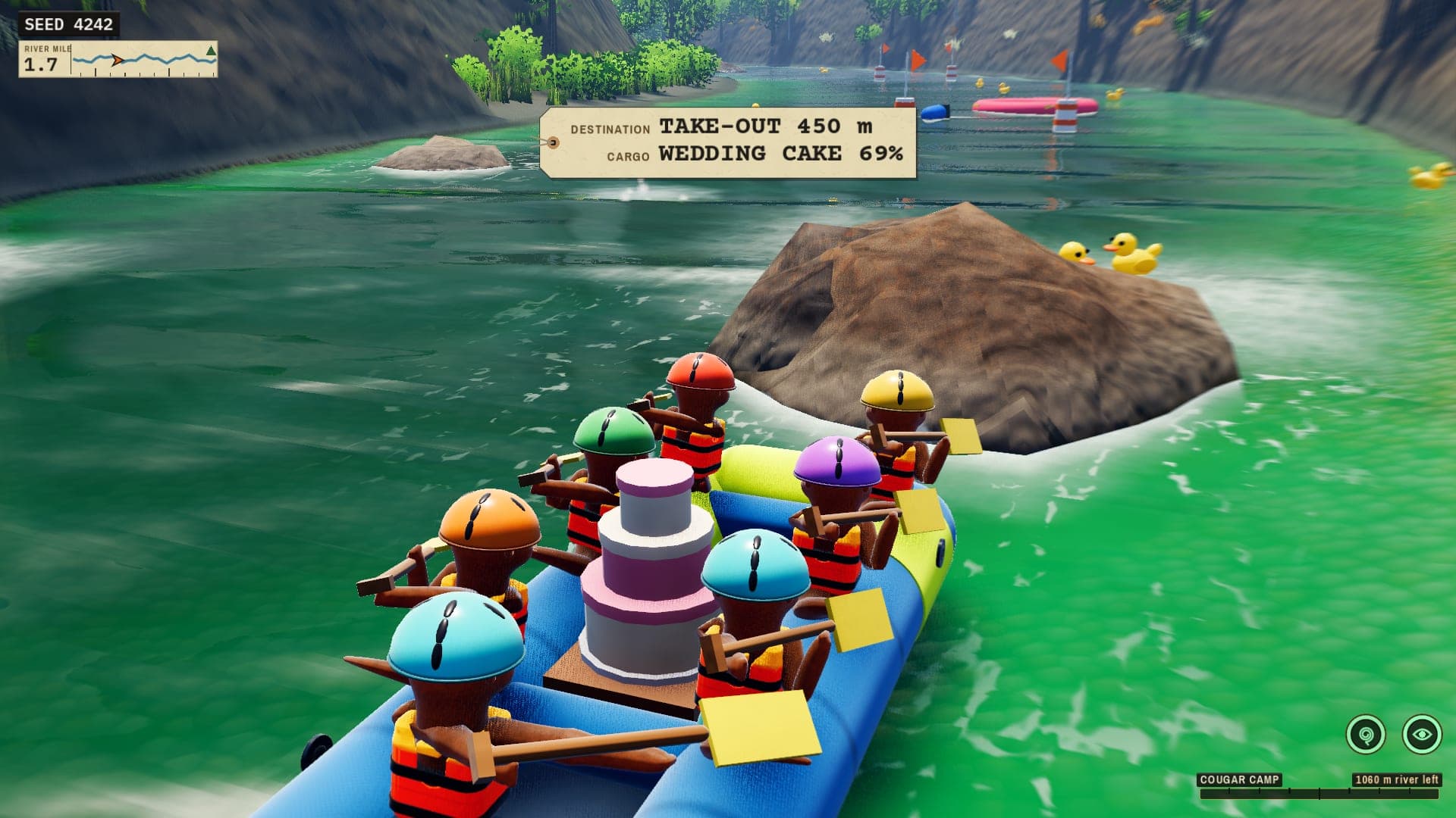Six otters paddling a raft with a wedding cake aboard, a tag above reading take-out 450 m, wedding cake 69%