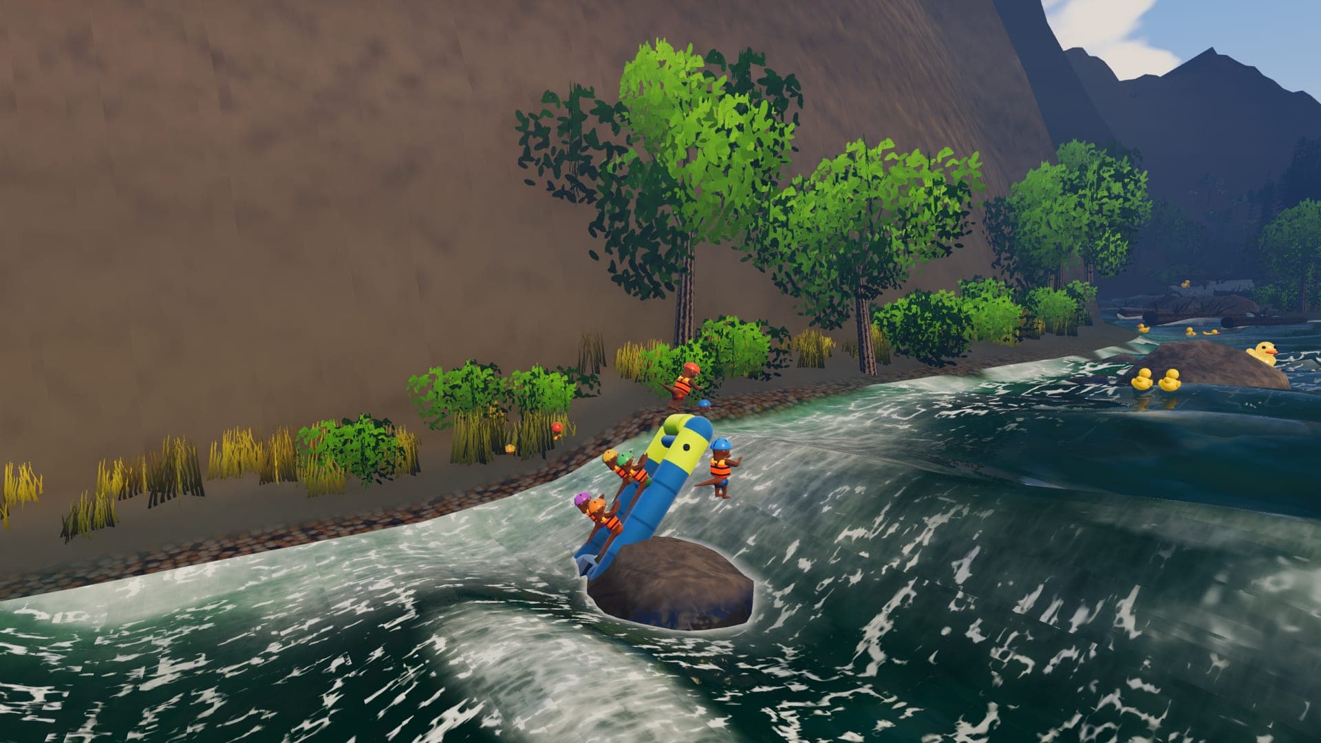 A raft stood on end against a midstream rock, the crew spilling off the high tube