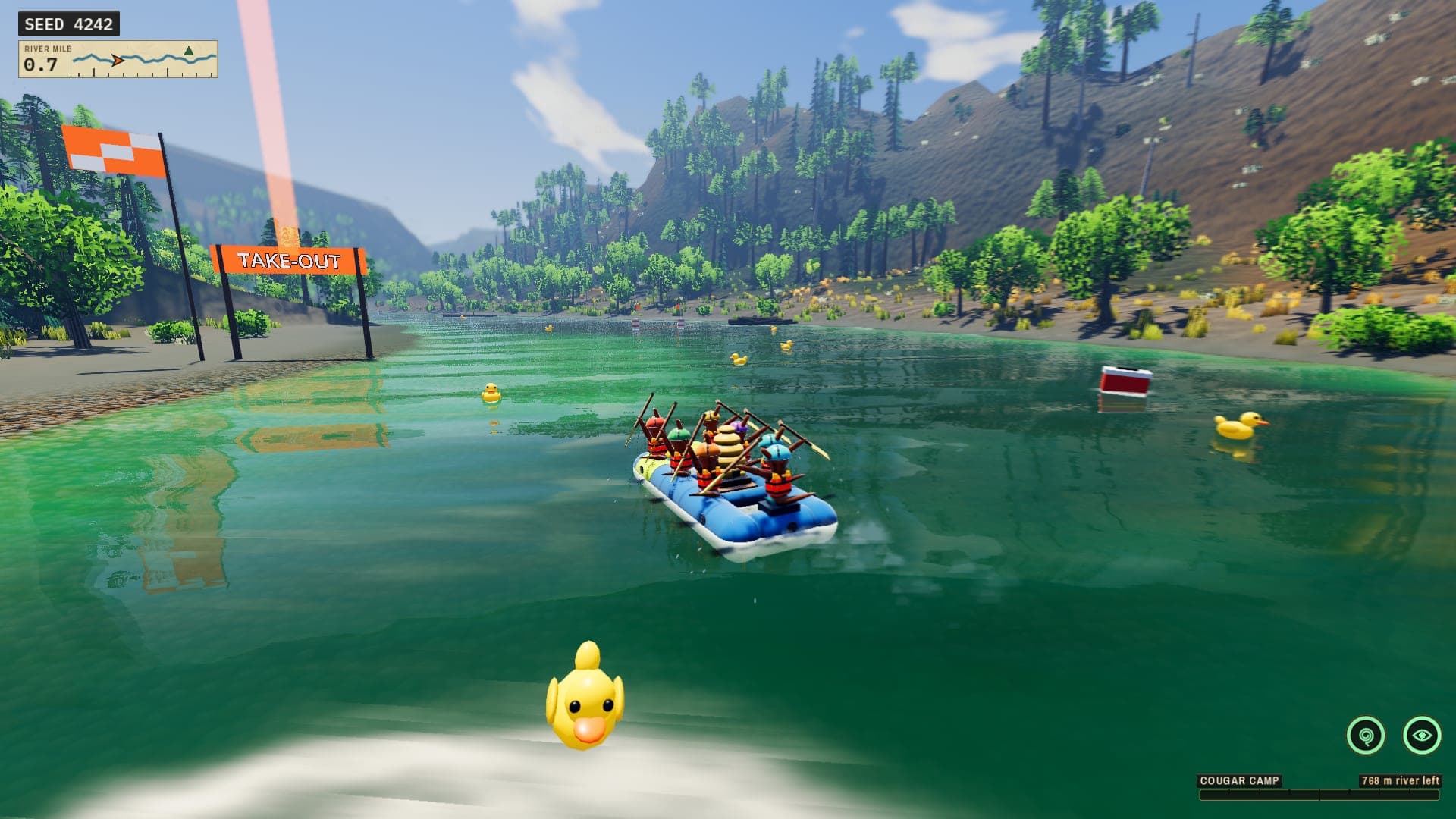 A raft with its cargo aboard coming in toward the take-out sign on a gravel beach, rubber ducks floating by