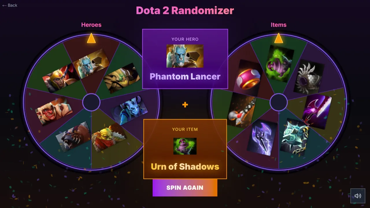 Dota 2 Randomizer showing the hero and item wheels with Phantom Lancer and Urn of Shadows selected