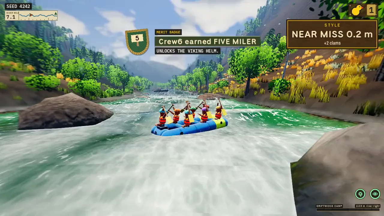 Six otters paddling a raft through white water between two boulders, with a merit badge and a near-miss card on screen