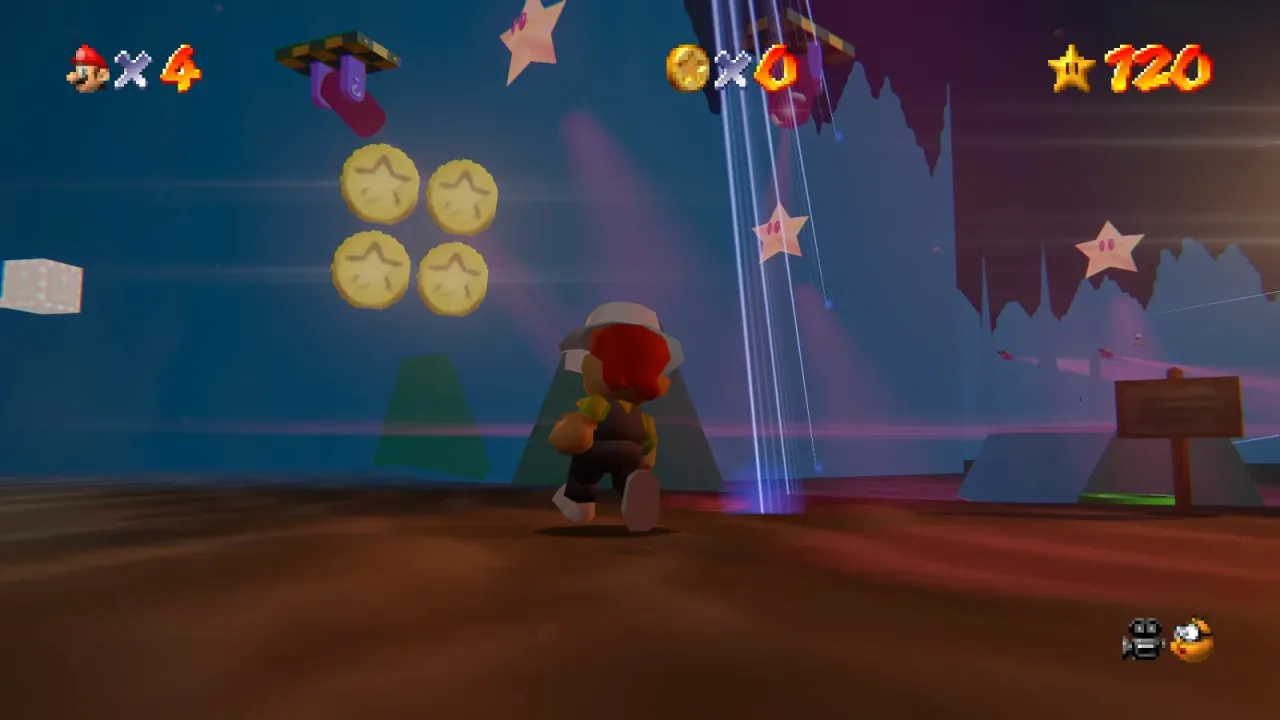 Mario seen from behind running across Jolly Roger Bay's sandy ground, with a coin bank glowing at left, a pink star light and a vertical laser.
