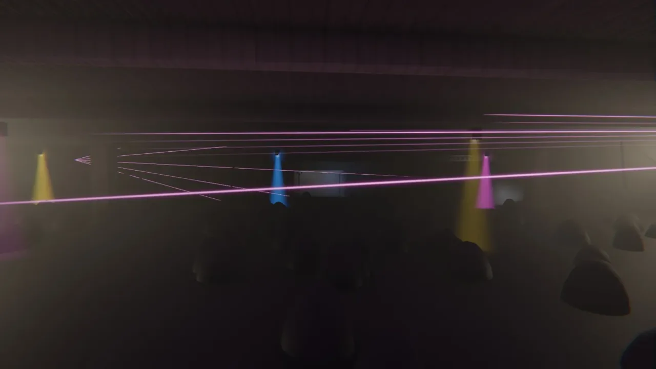 A hazy room with thin pink laser lines crossing it, blue, yellow and pink par cones, and crowd silhouettes in the foreground.