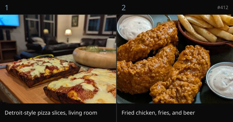 Bot card with two numbered food photos side by side, a Detroit-style pizza and fried chicken with fries, each with its name underneath and the matchup number in the corner
