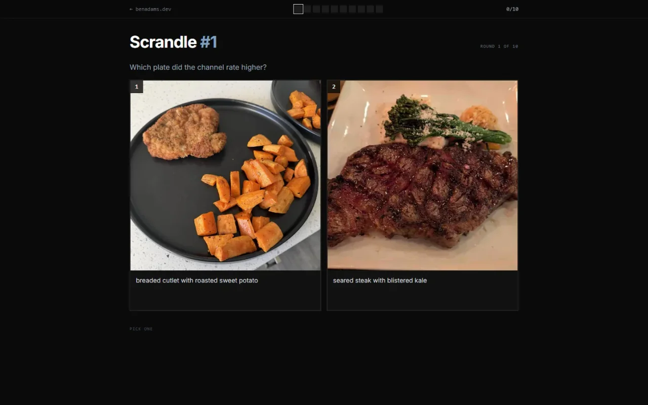 Scrandle round 1 of 10: two plates side by side, a breaded cutlet with sweet potato and a seared steak, with the question of which the channel rated higher