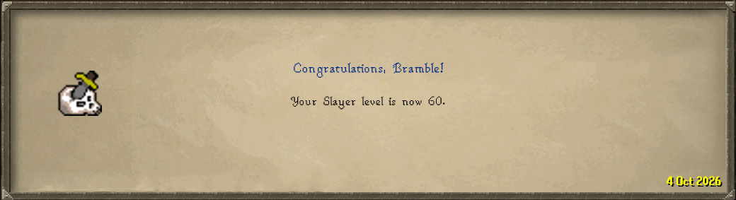RuneScape level-up scroll reading Congratulations, Bramble! Your Slayer level is now 60.