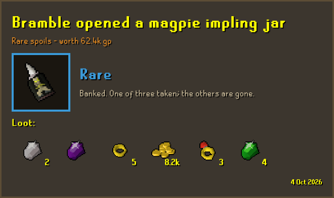 Card for a magpie impling jar opened from a check-in spoils pick, with a rare blue frame and the gems, rings and coins inside
