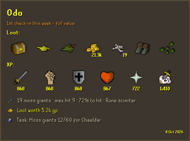Check-in card showing a clue casket, an antique lamp, a Robin hood hat unique and 21.3k coins alongside the session's drops and XP